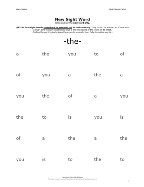 Begin Reading Packet (Ages 4-7)