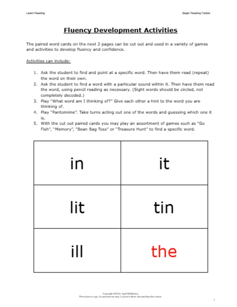 Begin Reading Packet (Ages 4-7)