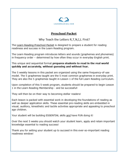 Preschool Packet (Age 2-5)